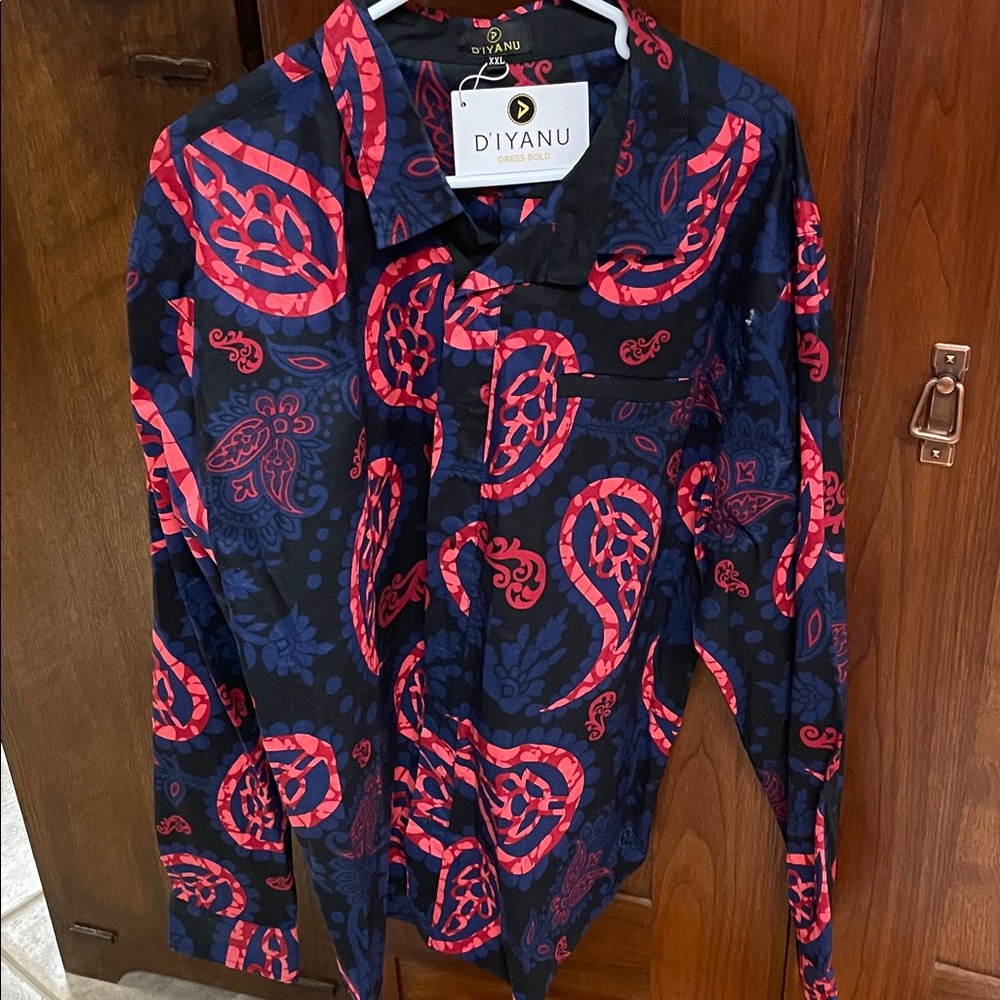 Men's Navy and Red Paisley Button Down Shirt